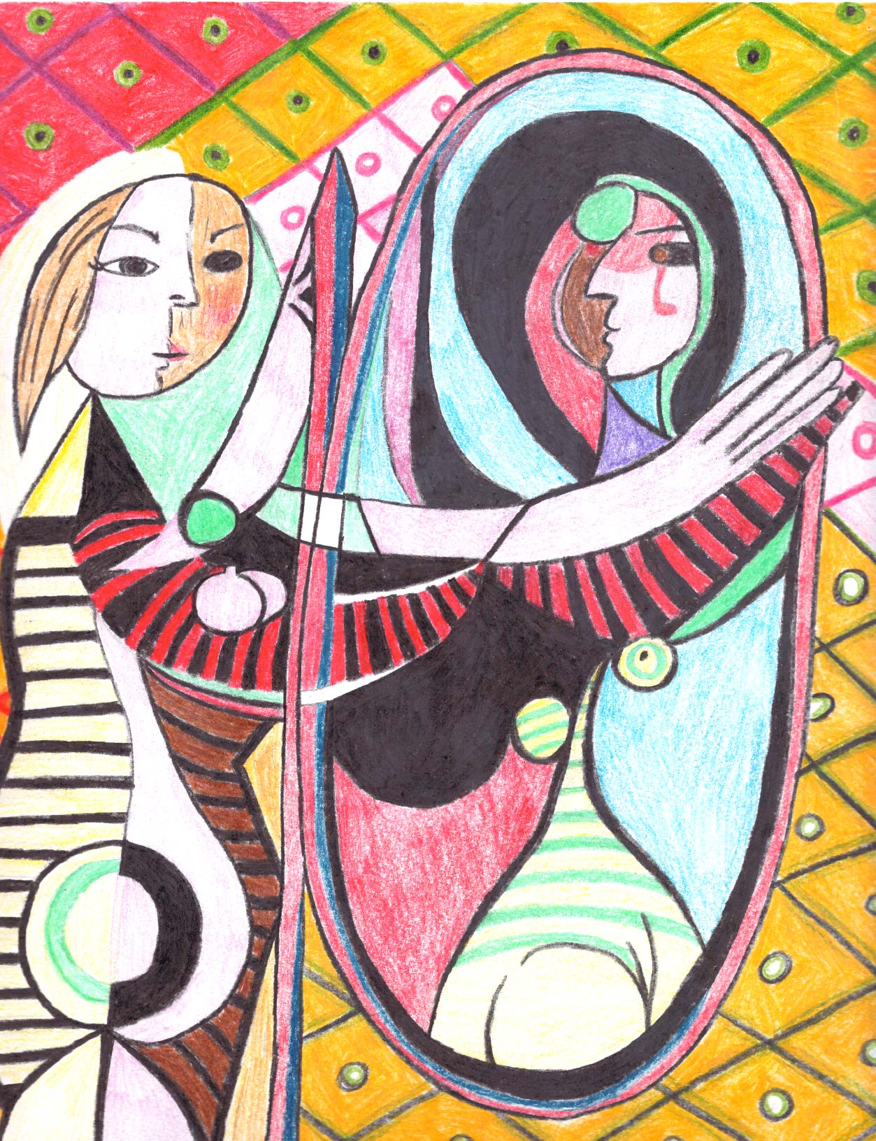 Tereza Halouzková (14. let), inspirována dílem Picassa, Žena před zrcadlem, ZŠ Napajedla